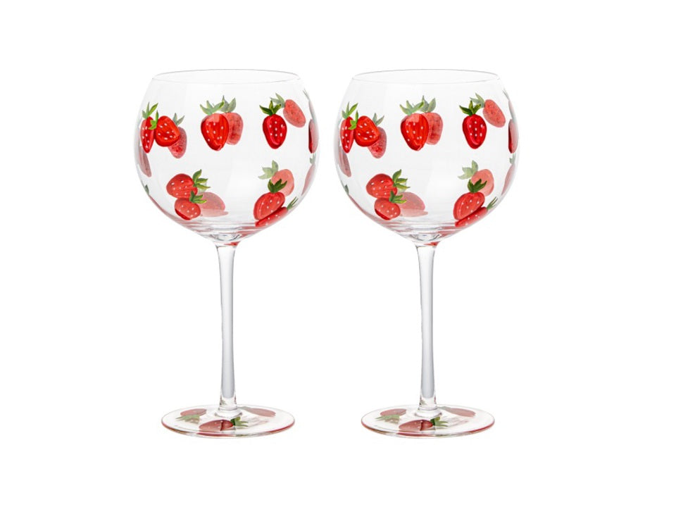 Livellara Milano Set 2 Calice Fragola Frutta Fresca Collection in Vetro Dipinto a Mano H20 Ø10 cm. 600ml