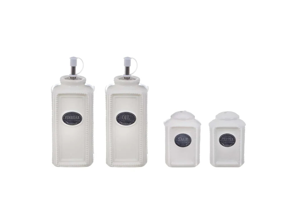 Blanc MariClò Set Condimenti 4 Pezzi Oliera Acetiera Saliera Pepiera Ceramica.