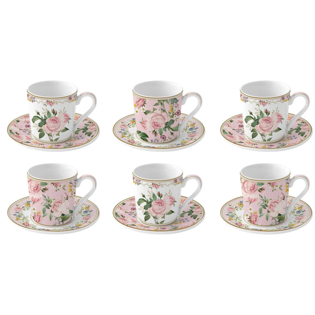 Set 6 Tazzine con Piattino in Porcellana Chant Des Roses Collection 100 ml.
