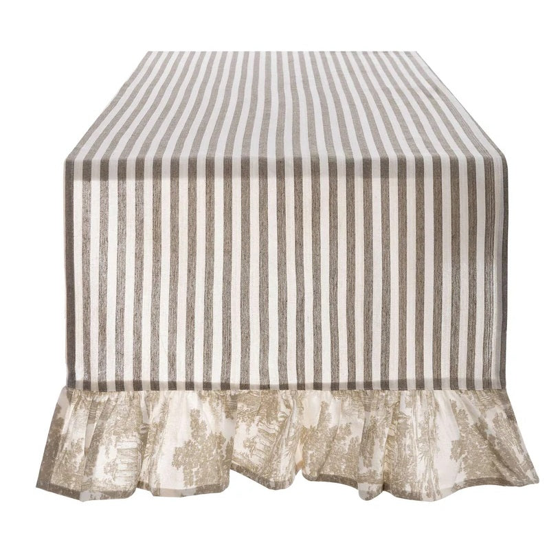 Blanc MariClò Runner Toile de Jouy in Cotone Beige con Volant 45x160 cm.