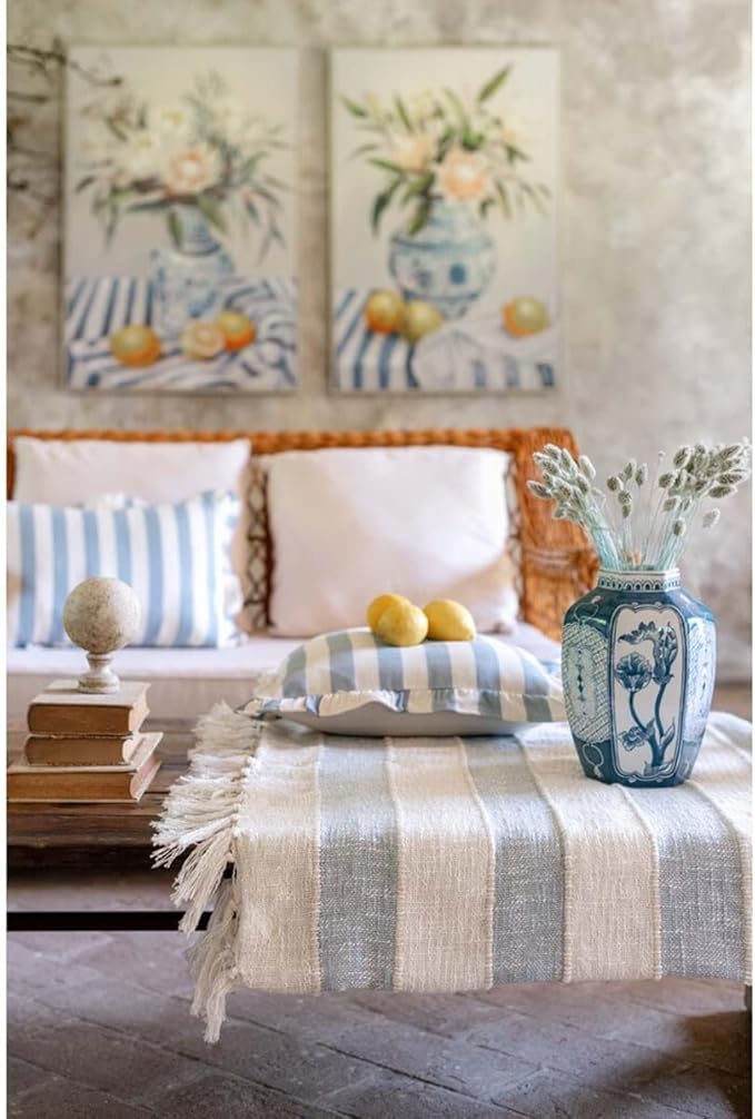 Blanc MariClò Copritutto a Righe con Frange in Cotone Melange 130x170 cm.