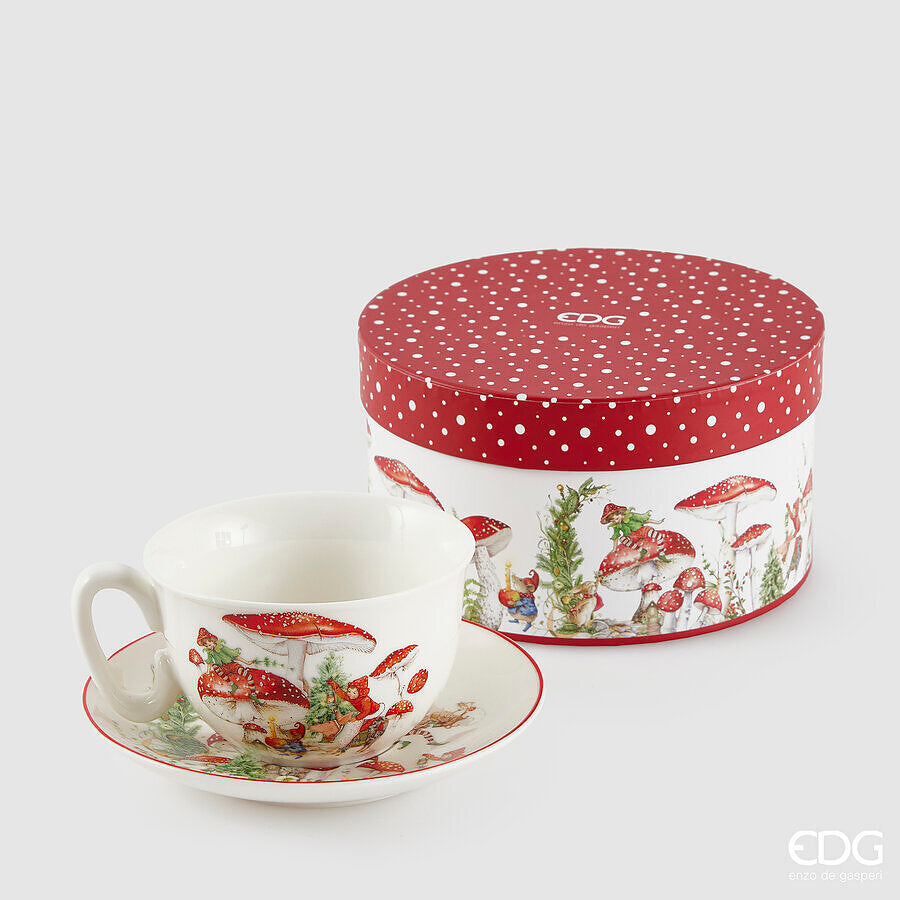 EDG Tazza da Tè con Piattino Funghetto & Folletti in Porcellana con Scatola Regalo H. 7 cm. D. 19 cm.
