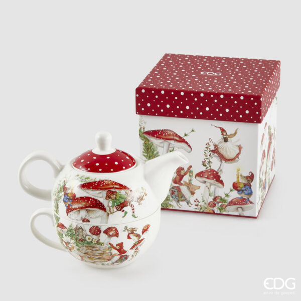 EDG Tea For One Funghetto & Folletti in Porcellana con Scatola Regalo H. 13 cm. D. 12 cm.