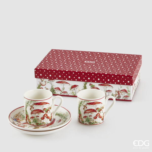 EDG Set 2 Tazzine da Caffè con Piattino Funghetto & Folletti in Porcellana con Scatola Regalo H. 6 cm.