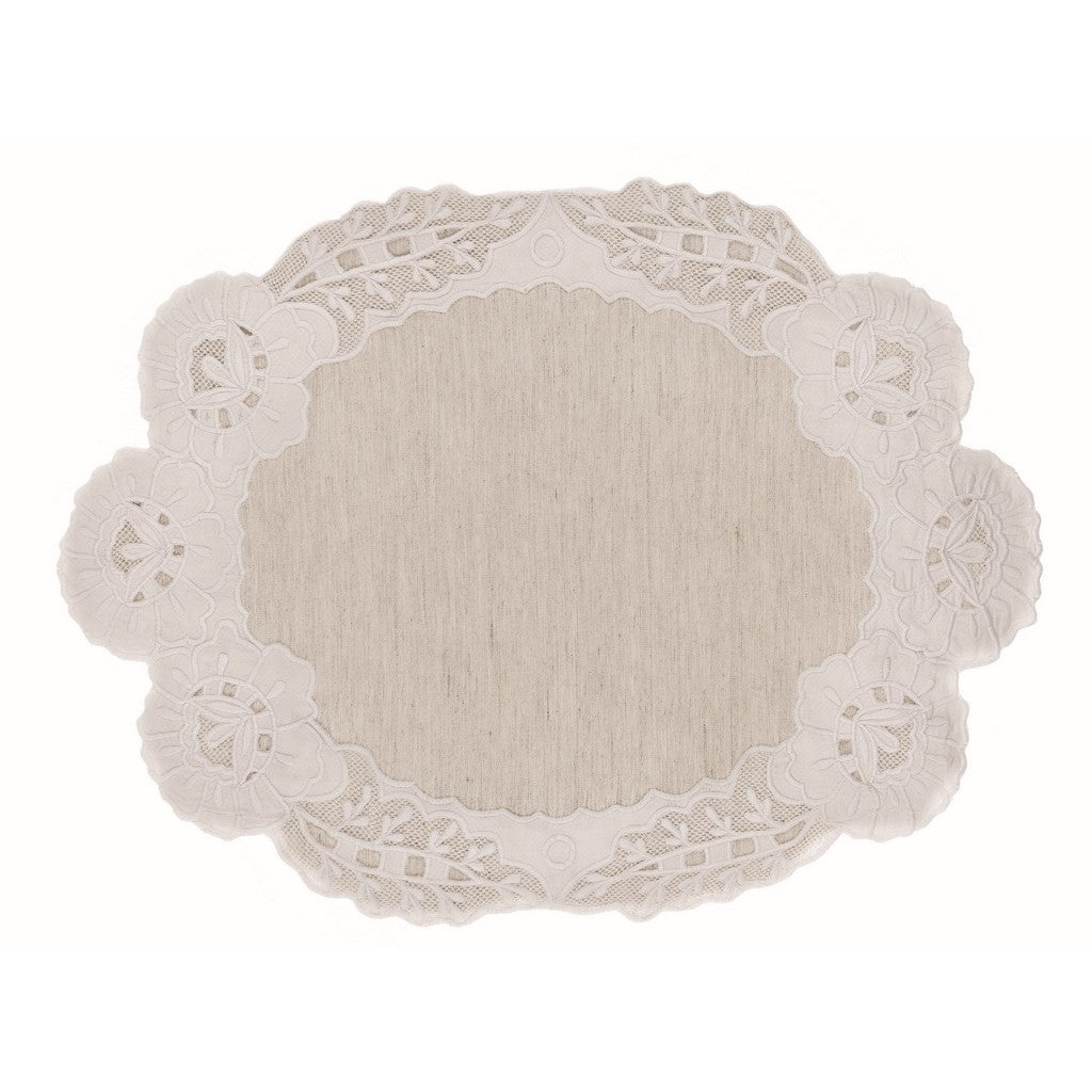 Blanc MariClò Tovaglietta Ovale Ricamata Tiepolo Collection Lino e Cotone Ecru 38x55 cm.