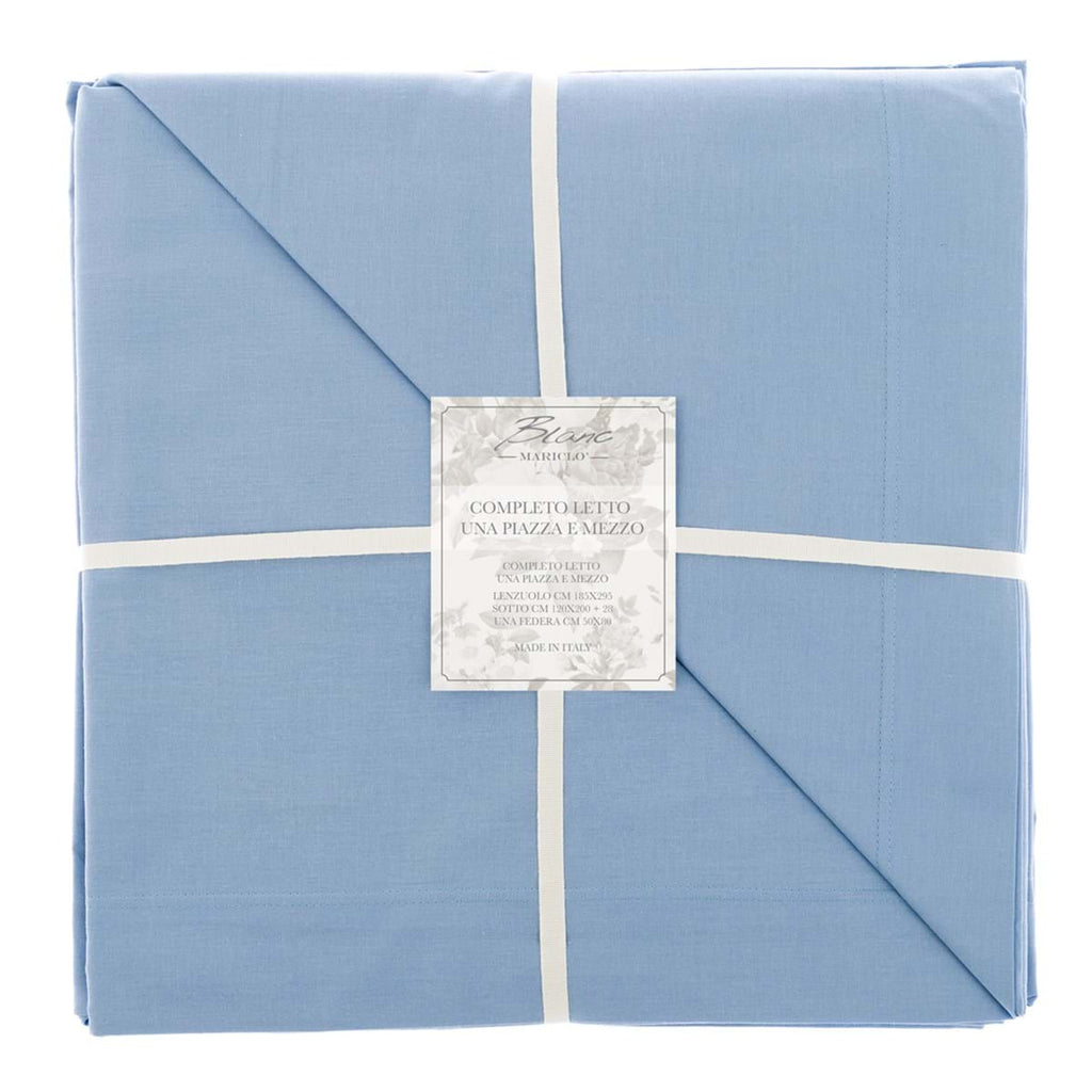 Blanc MariClò Completo Lenzuola 1 Piazza e Mezza Tuscany Collection in 100% Cotone Azzurro 185x295 cm.
