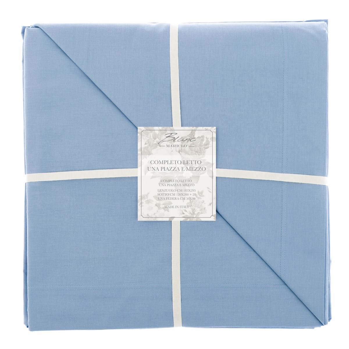 Blanc MariClò Completo Lenzuola 1 Piazza e Mezza Tuscany Collection in 100% Cotone Azzurro 185x295 cm.