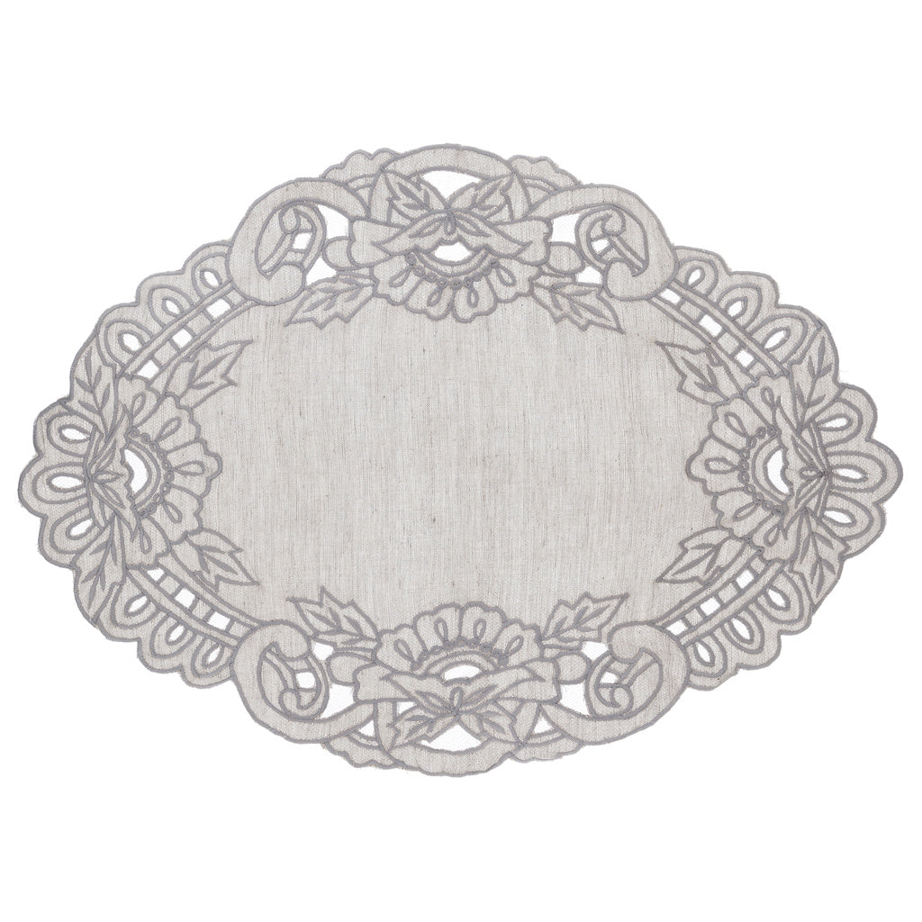 Blanc MariClò Tovaglietta Ovale Ricamata Dentelle Collection Lino e Cotone Grigio 38x50 cm.