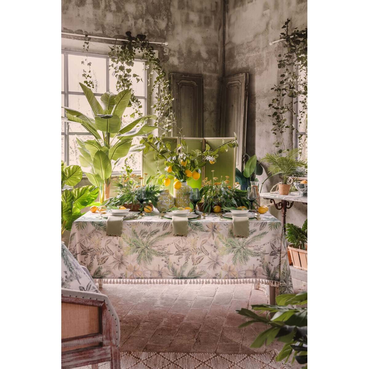 Blanc MariClò Tovaglia Tropicana Collection in Cotone con Fantasia Palme 160x300 cm.