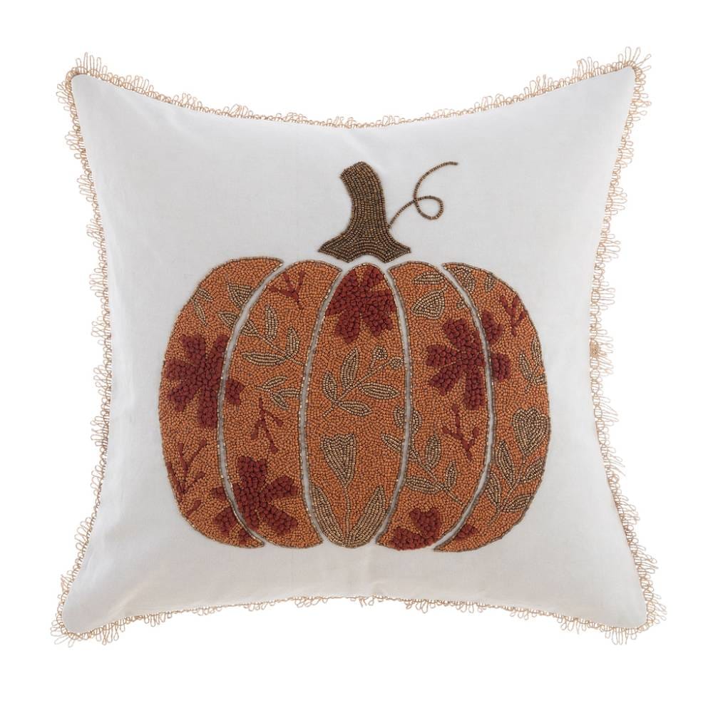 Blanc MariClò Cuscino Arredo Ricamato a Mano con Perline Zucca e Fiori 45x45 cm.