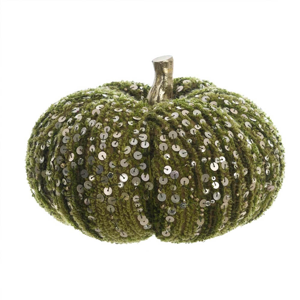 Blanc MariClò Zucca Decorativa Zucche di Sogno in Ciniglia Verde con Paillettes H. 14 cm. D. 18 cm.