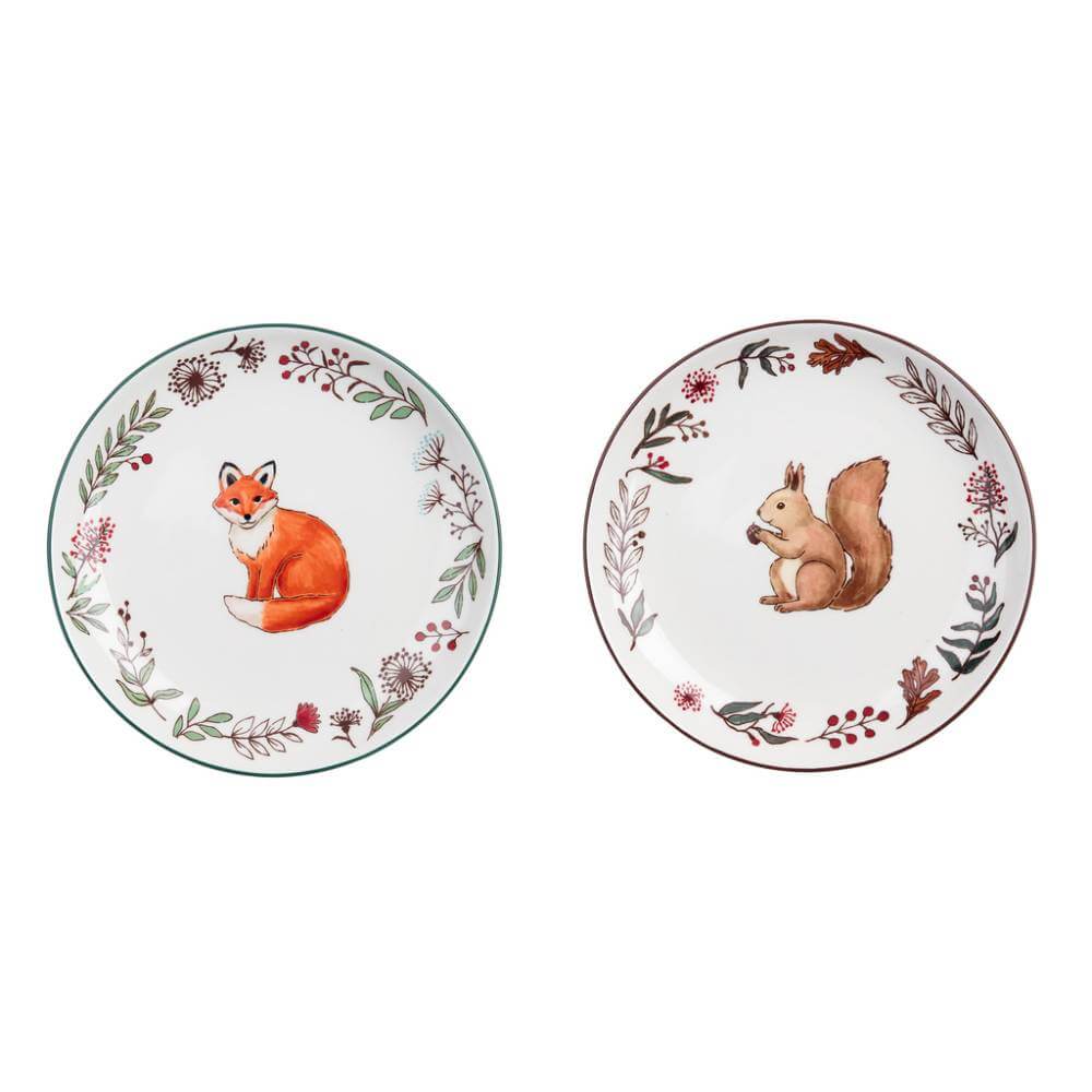 Blanc MariClò Set 2 Piatti Dessert Viridarium Collection in Ceramica Volpe e Scoiattolo D. 21 cm.