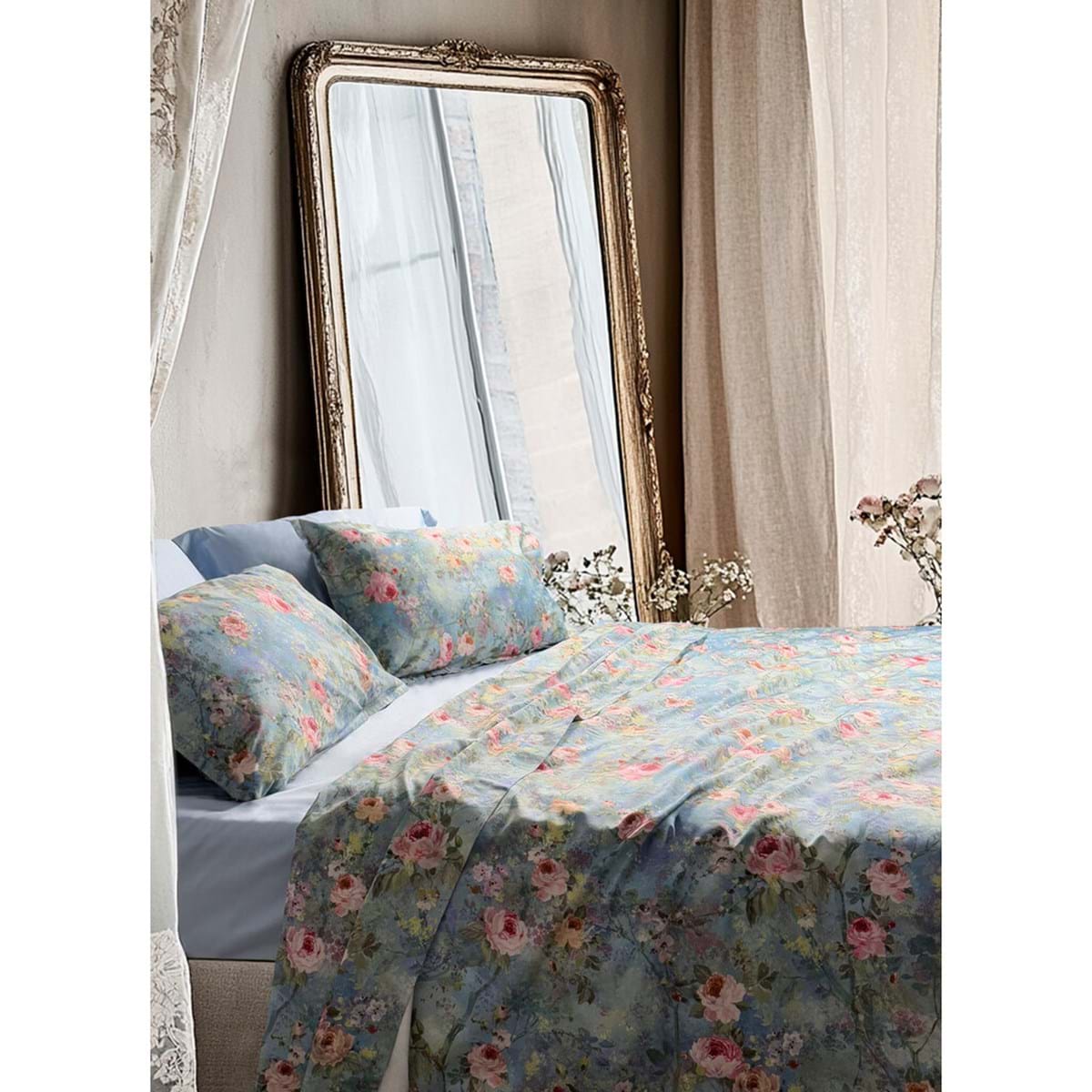 Blanc MariClò Completo Lenzuola Matrimoniale in Raso Rosalie Collection 300 TC Azzurro 260x290 cm.