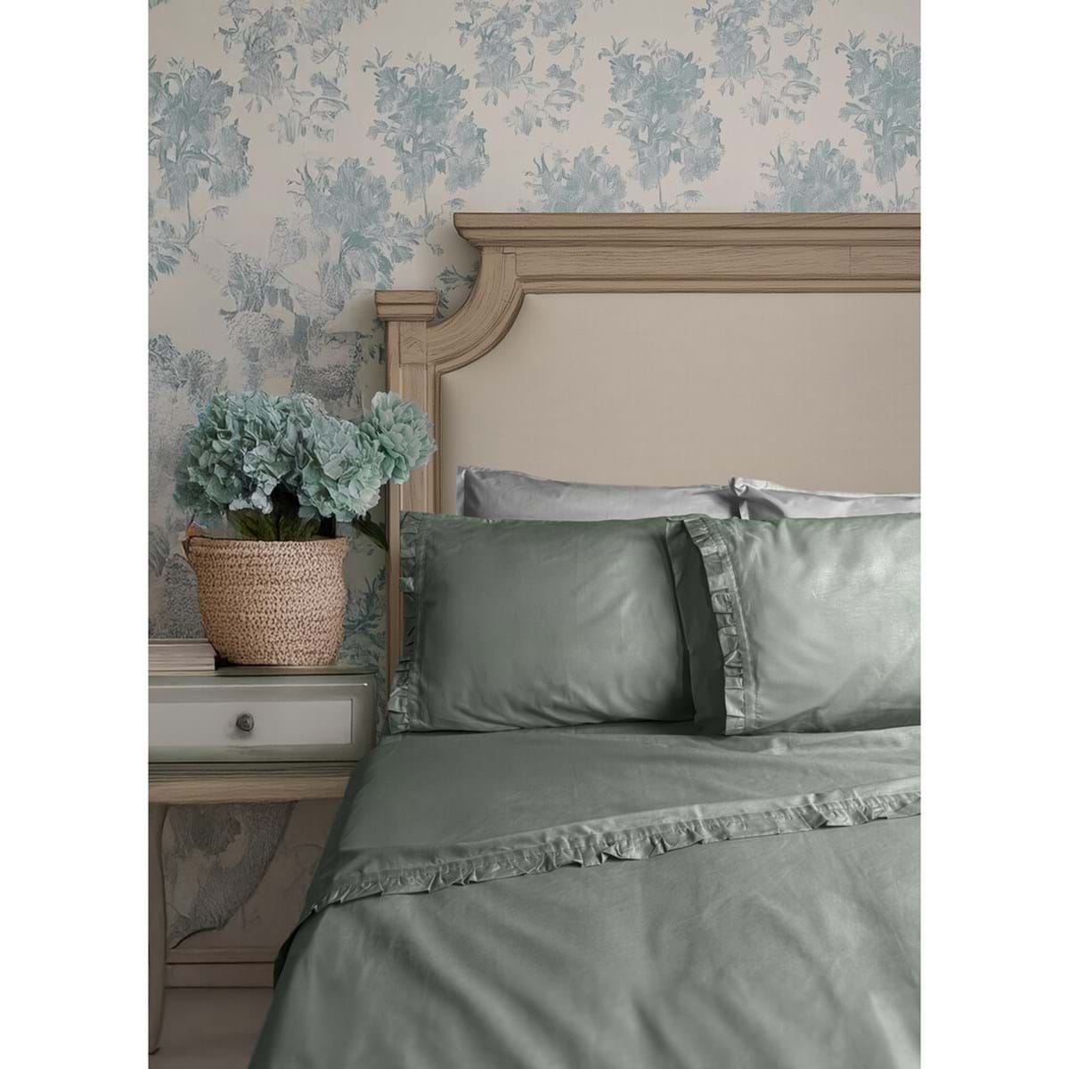 Blanc MariClò Completo Lenzuola 1 Piazza e Mezza con Gala Sogno Collection in 100% Cotone Verde Salvia 200x290 cm.