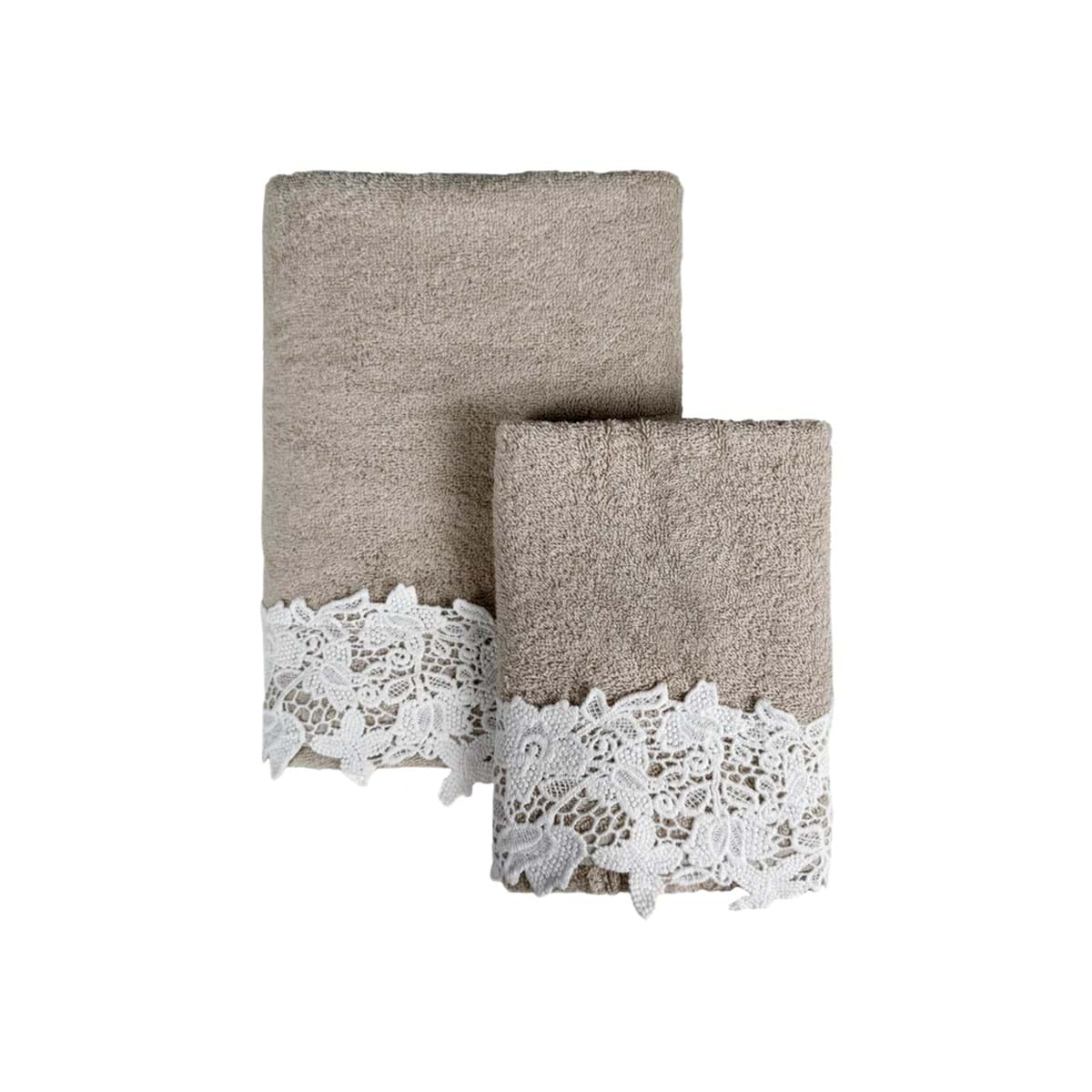 Blanc MariClò Coppia Spugna con Pizzo Merletto Collection in Cotone Beige 40x60+60x110 cm.