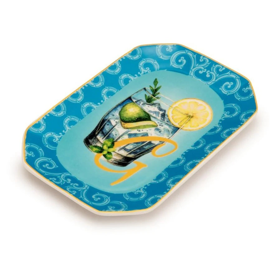 Palais Royal Vassoietto Svuotatasche Porcellana Iniziale G con Ricetta Cocktail Gin Tonic 8x12 cm.