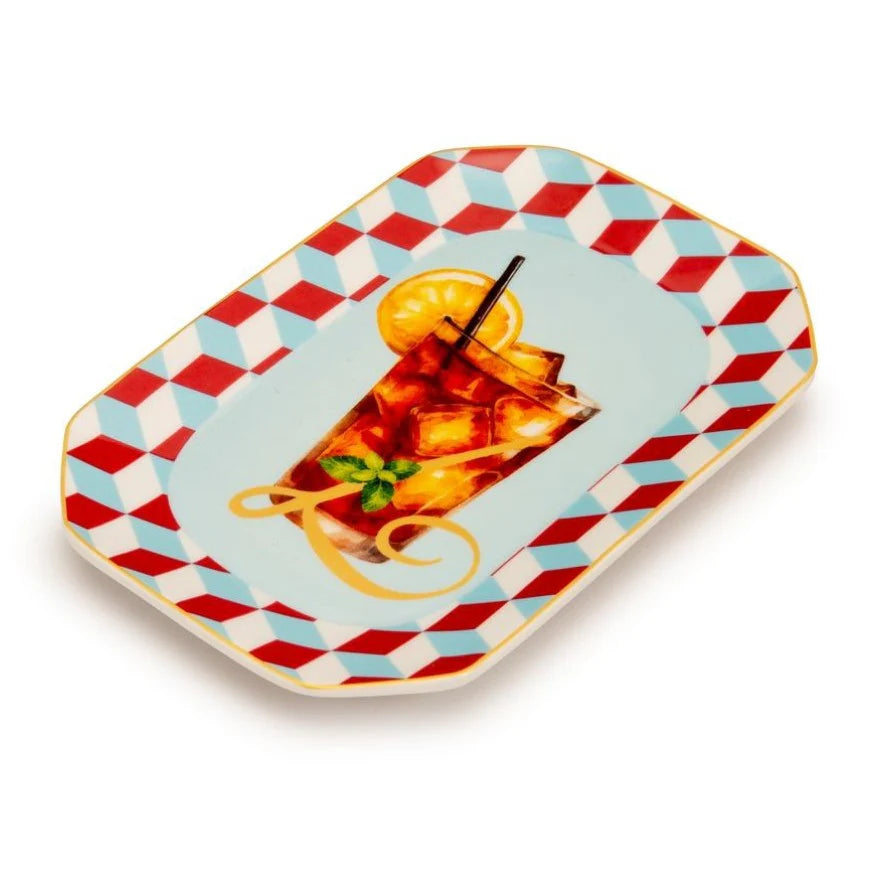 Palais Royal Vassoietto Svuotatasche Porcellana Iniziale L con Ricetta Cocktail Long Island 8x12 cm.