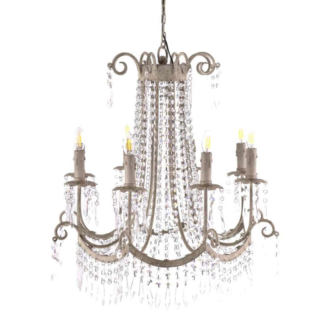 Lampadario con Gocce di Cristallo — Collezione Sogni negli Occhi — 8 Luci E14 — H. 79 cm. D. 72 cm.