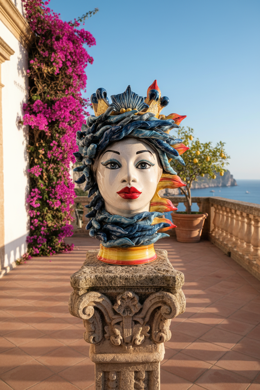 Ceramiche Sofia Caltagirone Testa di Moro Donna Sole in Ceramica Madreperlata 40 cm.
