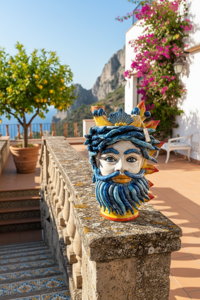 Ceramiche Sofia Caltagirone Testa di Moro Uomo Sole in Ceramica Madreperlata 40 cm