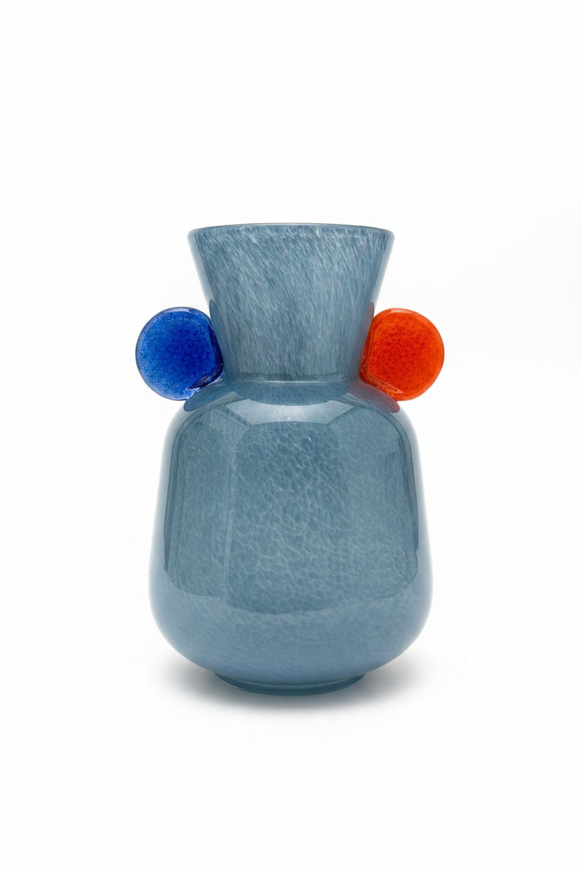 Palais Royal Vaso in Vetro Soffiato con Decorazioni a Dischetti Blu e Arancio 25x11 cm.