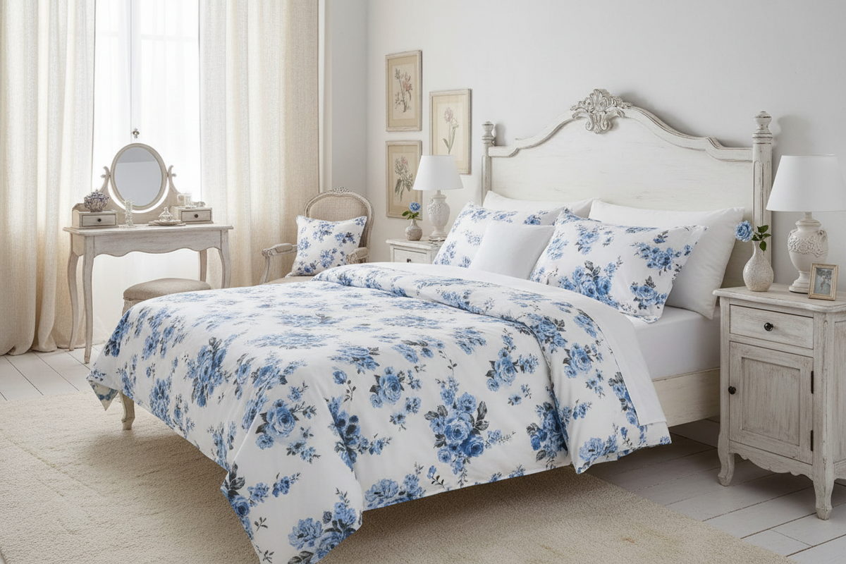 Blanc MariClò Completo Lenzuola Matrimoniale Floral Collection in 100% Cotone Blu 260x295 cm.