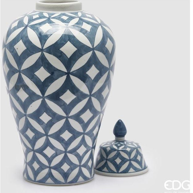 EDG Vaso Anfora in Ceramica con Coperchio Geometric Azzurro e Bianco 24x47 cm.