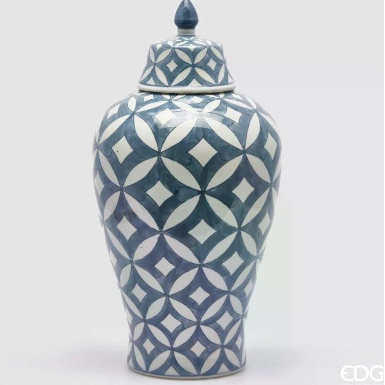 EDG Vaso Anfora in Ceramica con Coperchio Geometric Azzurro e Bianco 24x47 cm.