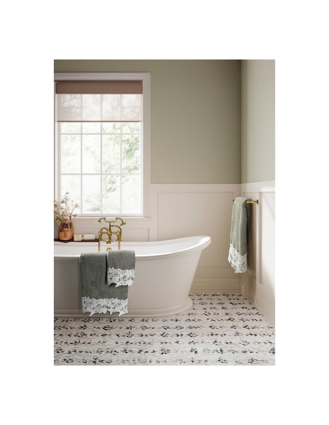 Blanc MariClò Coppia Spugna con Pizzo Merletto Collection in Cotone Verde Salvia 40x60+60x110 cm.