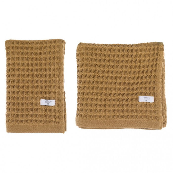 Coppia Asciugamani a Nido d'Ape Sweet Waffle Collection 30x50 + 50x90 cm. Ocra