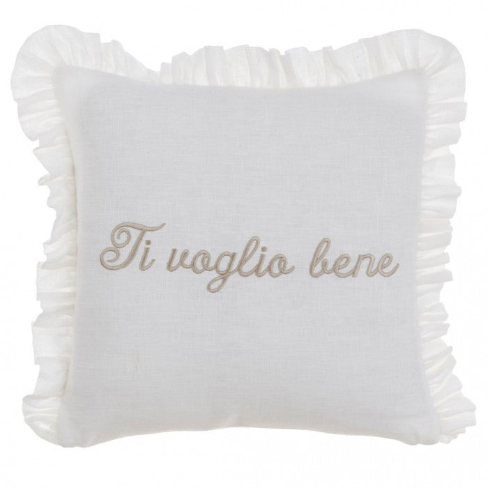 Blanc MariClò Cuscino Ti Voglio Bene Collection in Lino Bianco con Gala 40x40 cm.