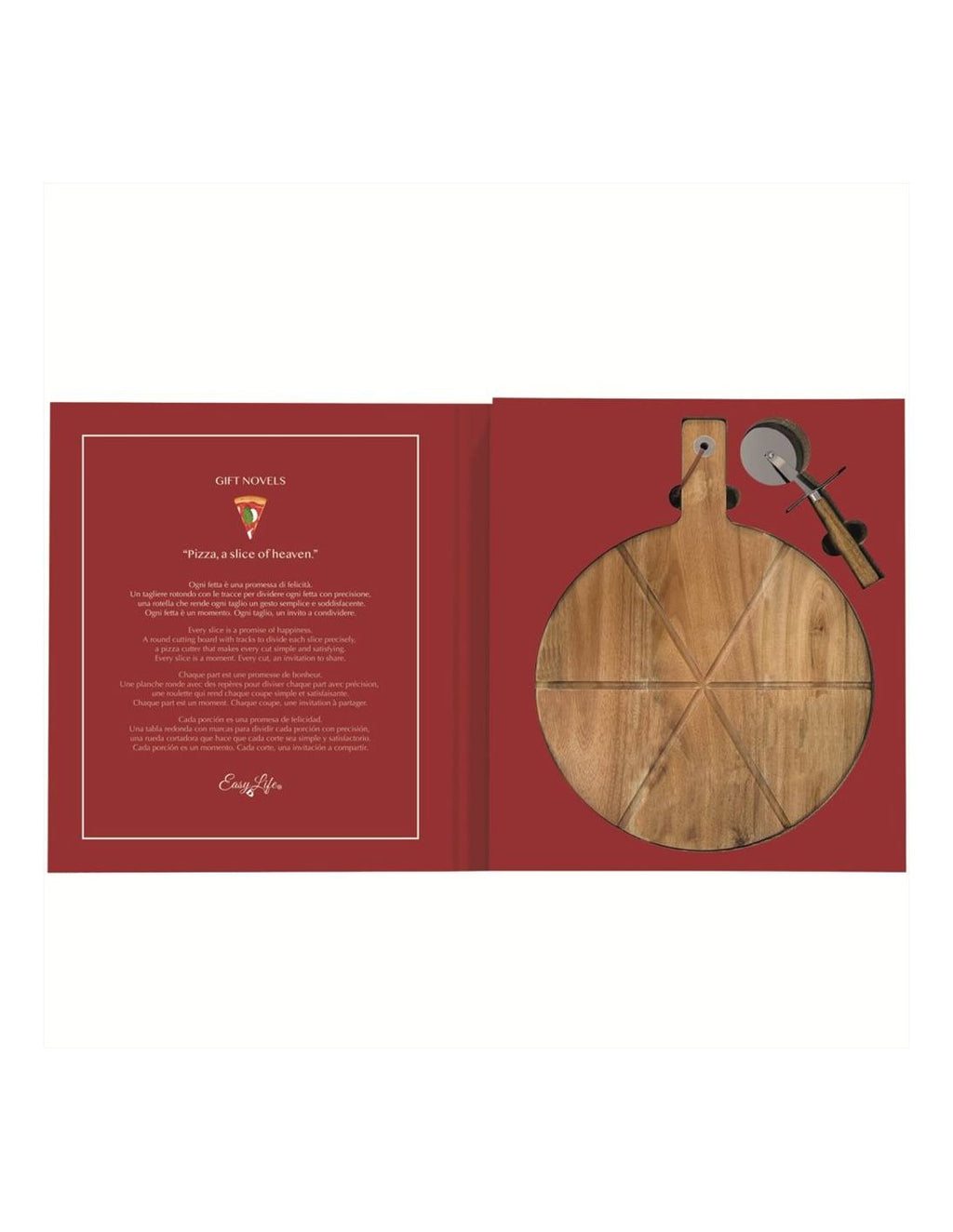 Easy Life Set Tagliere e Taglia Pizza Gift Novels - cofanetto aperto con tagliere rotondo in acacia e roulette