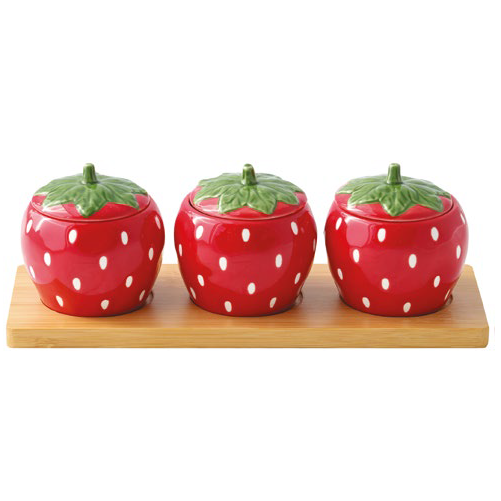 Set Aperitivo Vassoio con 3 Barattoli Fragola in Porcellana Jardin de Fraises Collection