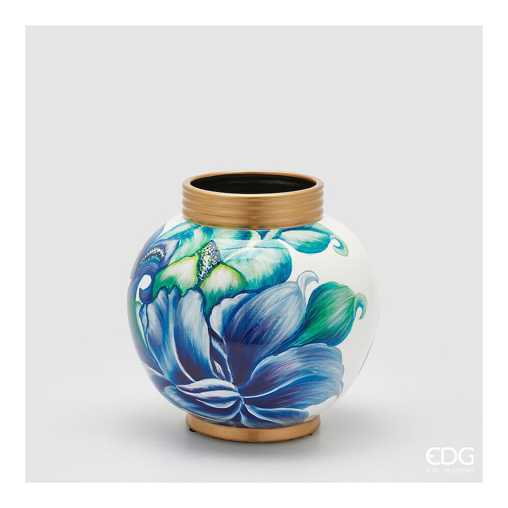 EDG Enzo De Gasperi Vaso Anfora Iris in Ceramica con Decori Floreali Blu e Oro H25xD25 cm.
