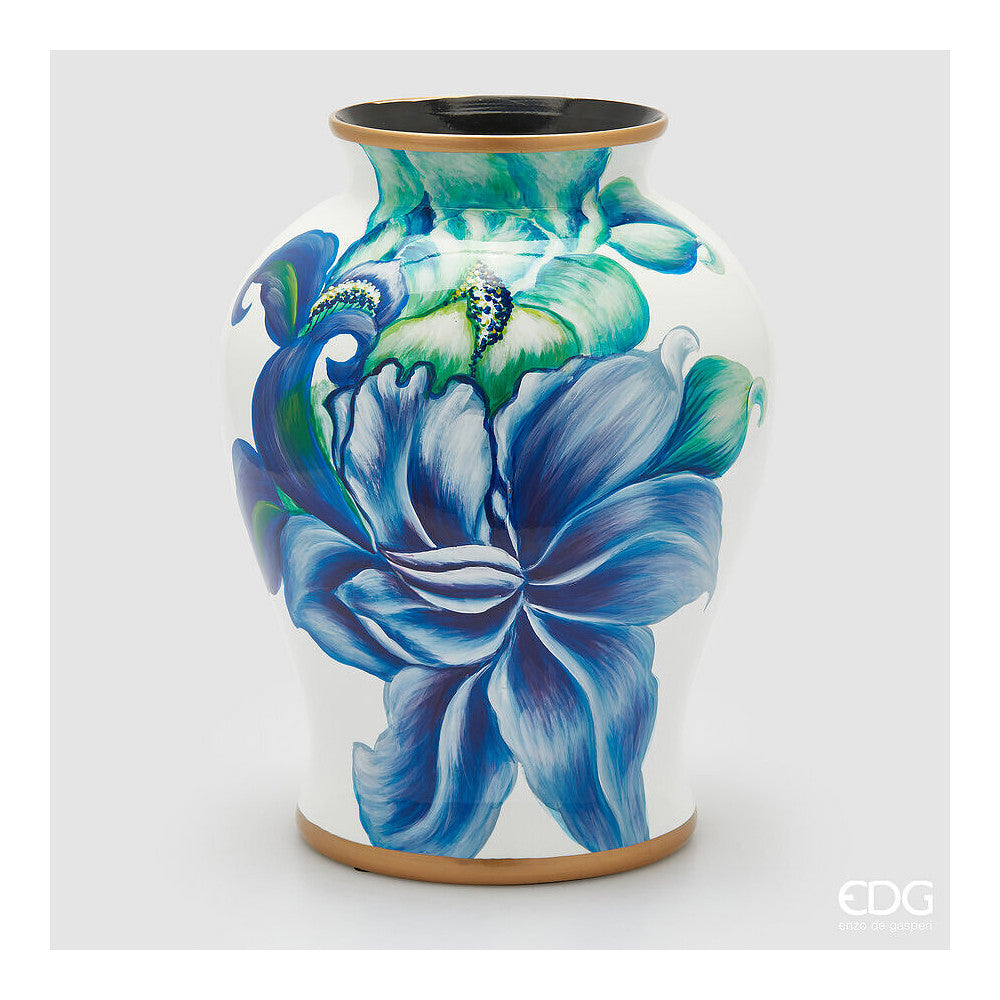 EDG Enzo De Gasperi Vaso Anfora Iris in Ceramica con Decori Floreali Blu e Oro h38xd27 cm.