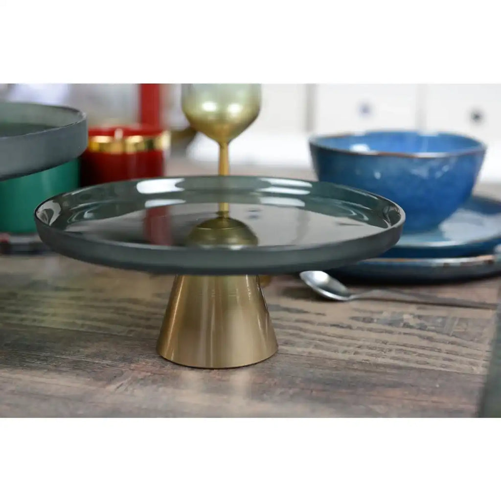 Aulica Alzata per Torte in Vetro Verde e Oro H 28 cm. D 28 cm.