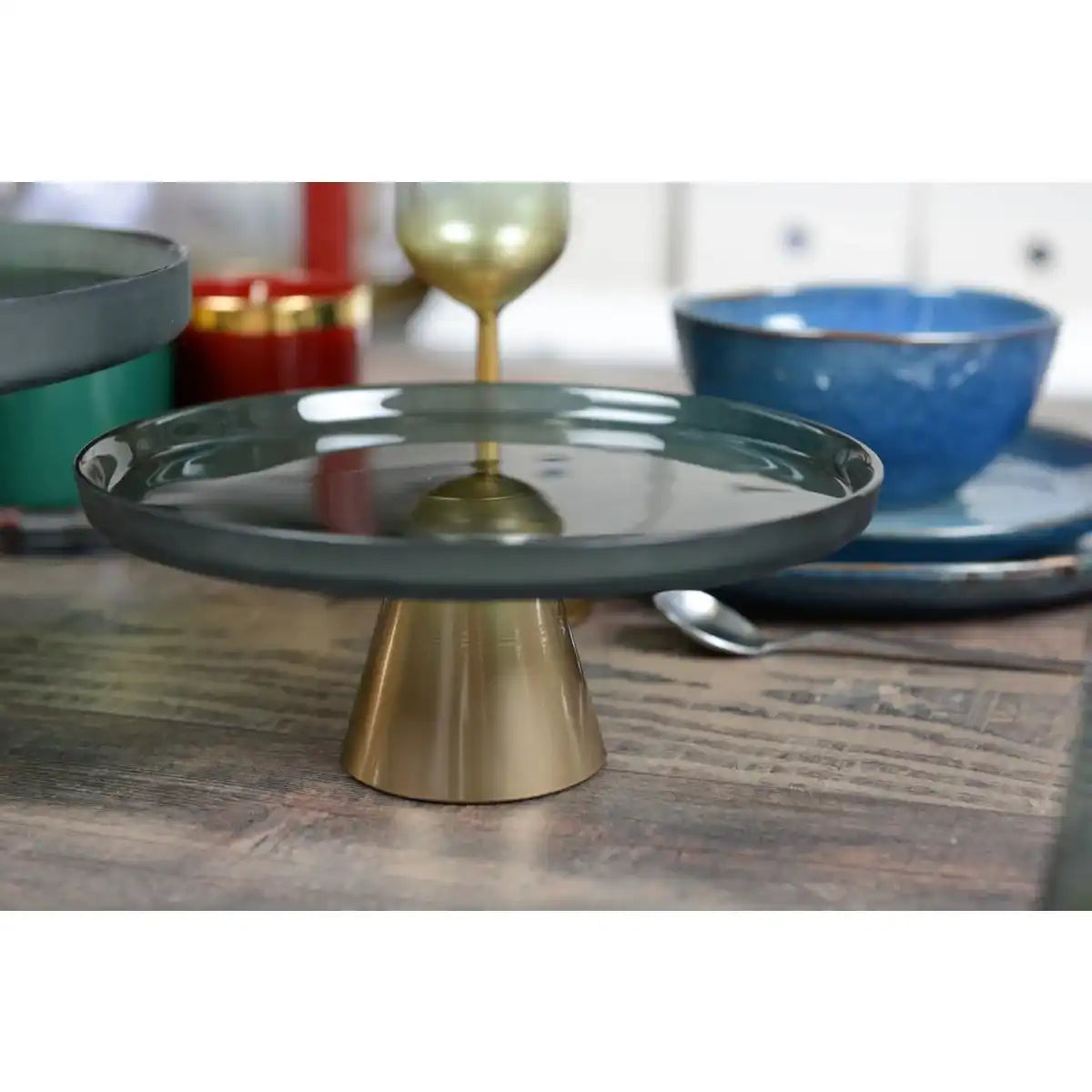 Aulica Alzata per Torte in Vetro Verde e Oro H 28 cm. D 28 cm.