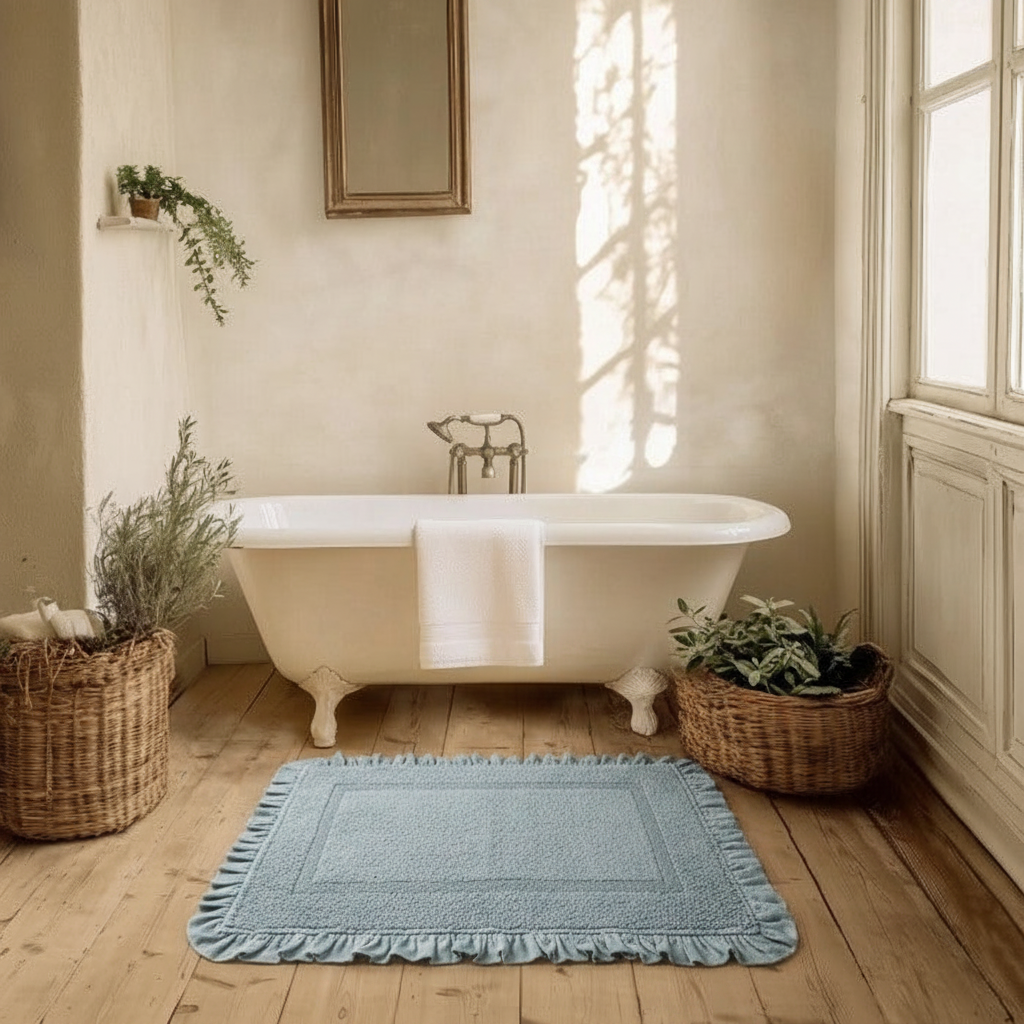 Tappeto azzurro polvere chiaro con doppia gala - scena bagno