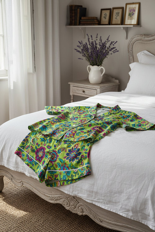 Completo pigiama Fiori di Jaipur verde lime lifestyle Blanc MariClò