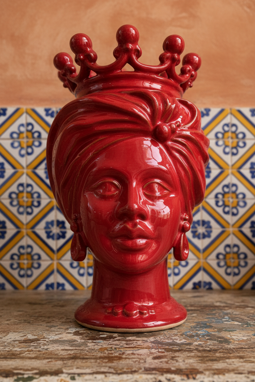 Ceramiche Sofia Caltagirone Testa di Moro Donna in Ceramica Rossa 21 cm