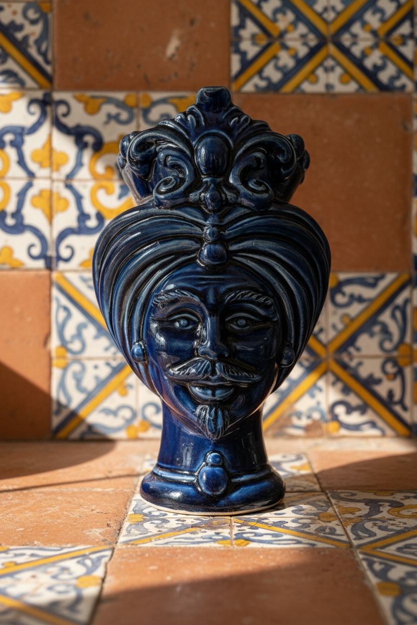 Ceramiche Sofia Caltagirone Testa di Moro Uomo in Ceramica Blu Notte 16 cm