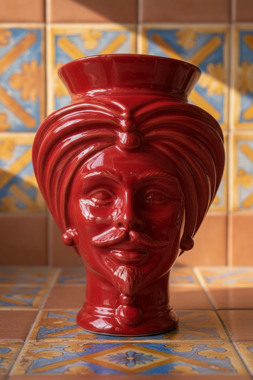 Ceramiche Sofia Caltagirone Testa di Moro Uomo in Ceramica Rossa 16 cm