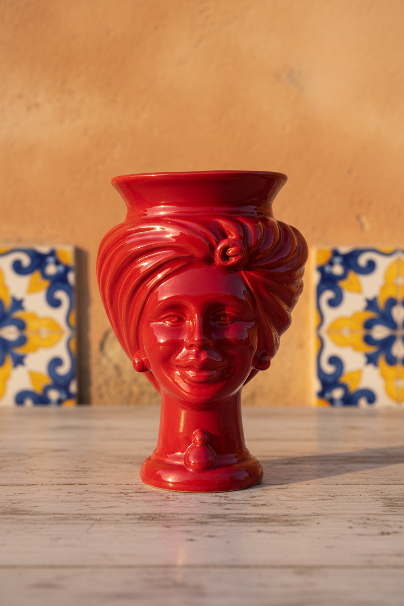 Testa di Moro Donna Ceramica Rossa 16cm - ambientazione siciliana