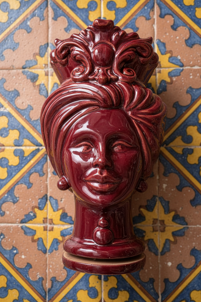 Ceramiche Sofia Caltagirone Testa di Moro Donna in Ceramica Bordeaux 16 cm