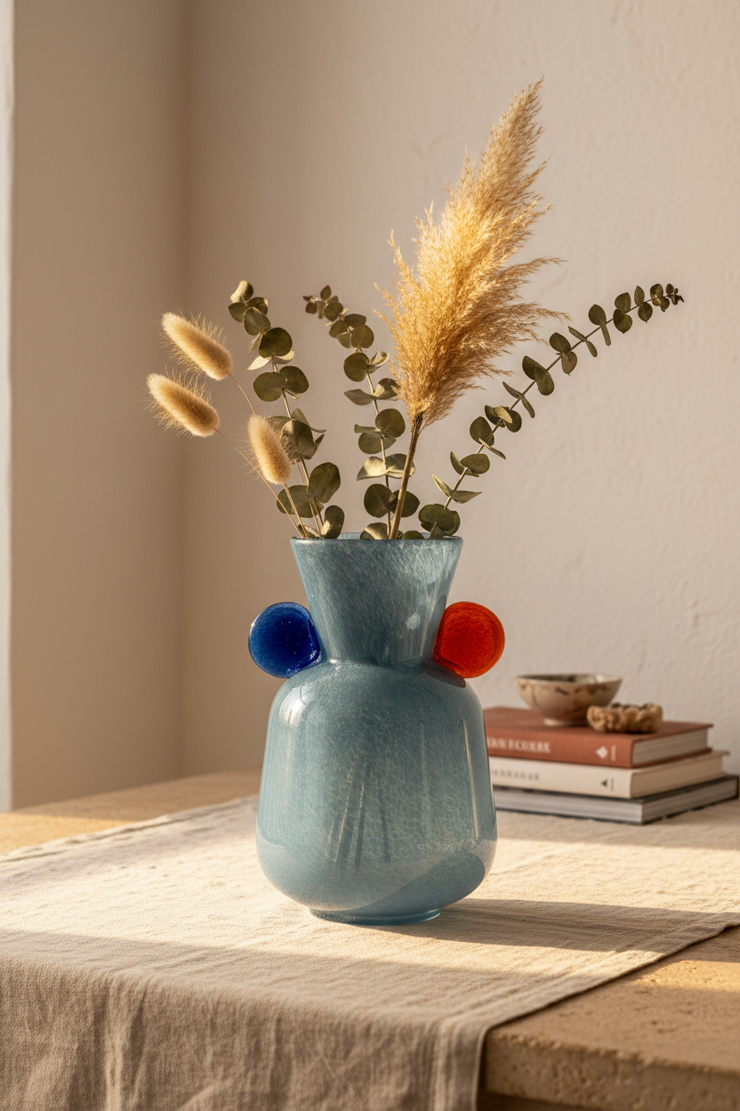 Vaso Palais Royal in vetro soffiato azzurro con dischetti blu e arancio, ambientazione lifestyle
