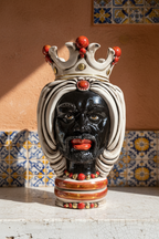 Ceramiche Sofia Caltagirone Testa di Moro Uomo in Ceramica Madreperla e Oro Antichizzata 25 cm