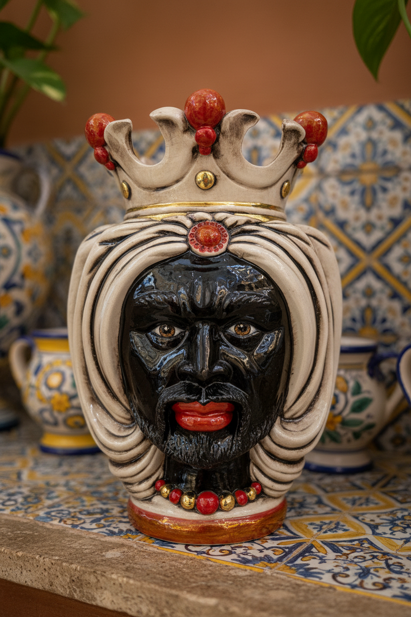 Ceramiche Sofia Caltagirone Testa di Moro Uomo in Ceramica Madreperla e Oro Antichizzata 40 cm