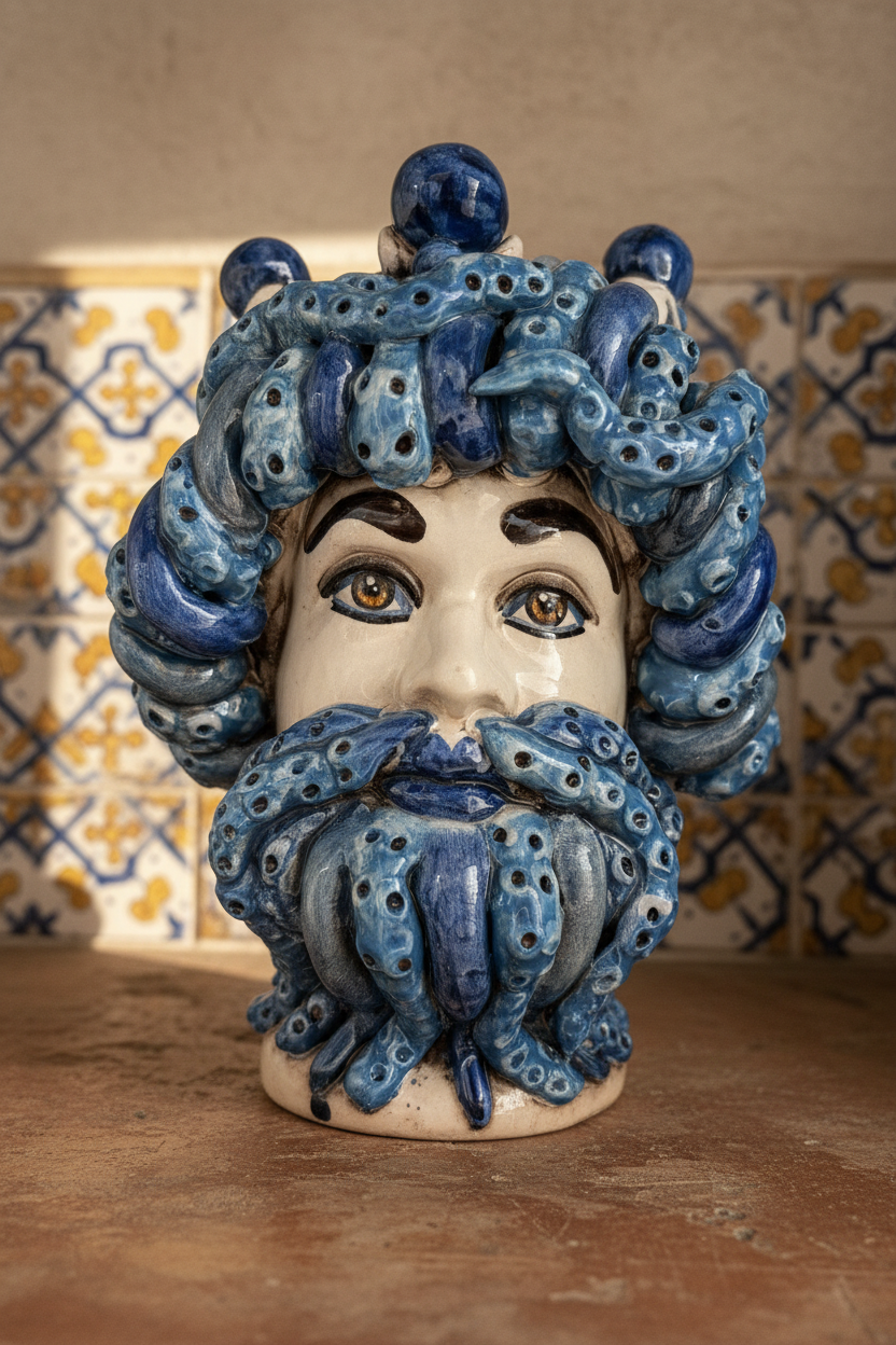 Ceramiche Sofia Caltagirone Testa Tritone in Ceramica Blu 20 cm