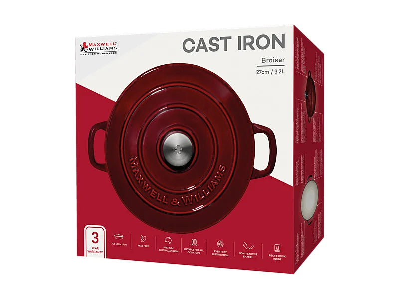 Maxwell & Williams Cast Iron Collection Tegame Basso Braiser in Ghisa Smaltata Merlot 3,3 litri 27 cm.