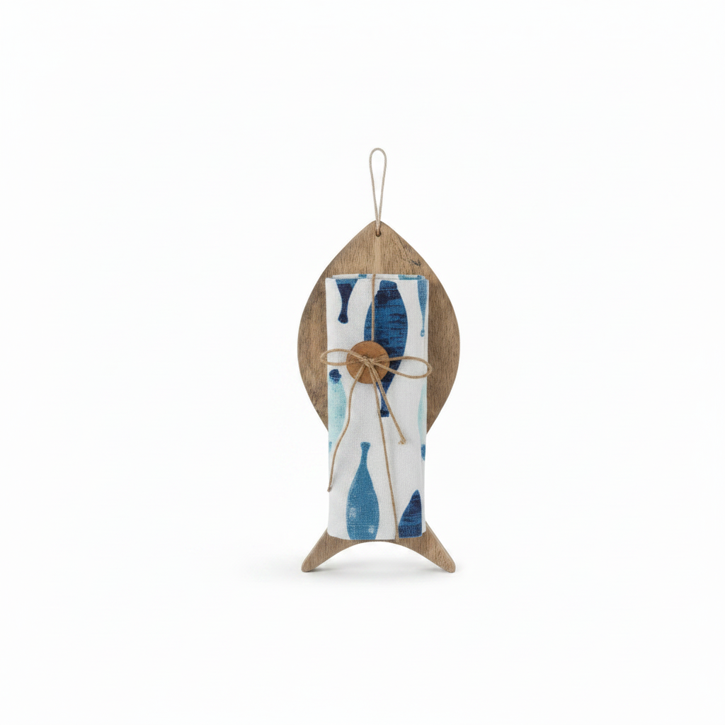 Set Pesce - Poggiamestolo Legno con Canovaccio Pesci Blu